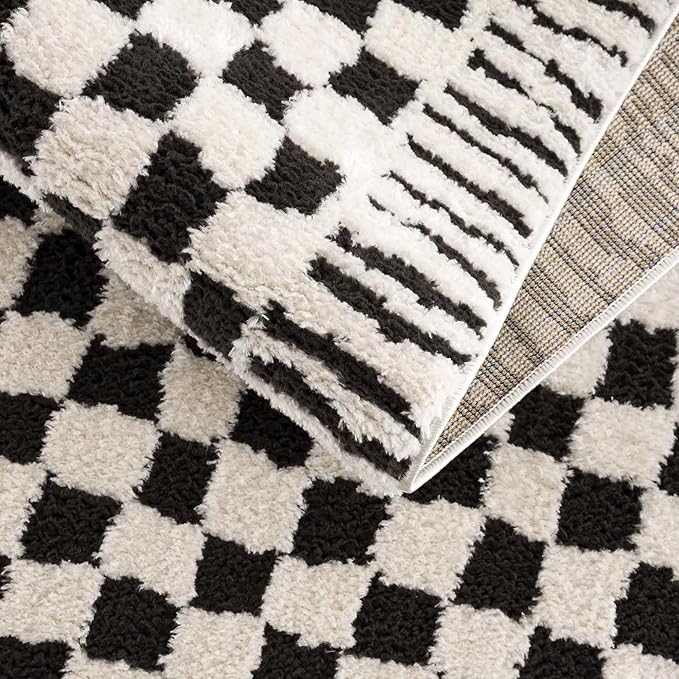 Hauteloom Leryn Contemporary Checkered Area Rug - Modern Geometric Bordered Carpet for Living Room, Bedroom - Checkboard Design - Square Tiles - High Pile - Black and White - 5'3" x 7' (5x7)
