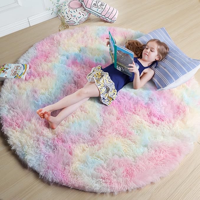 Amdrebio Rainbow Fluffy Round Rug 6Ft Kids Rugs for Girls Bedroom, Unicorn Room Decor, Colorful Pastel Plush Floor Carpet for Playroom Baby Nursery, Cute Shag Kawaii Circle Area Rug for Teen Princess