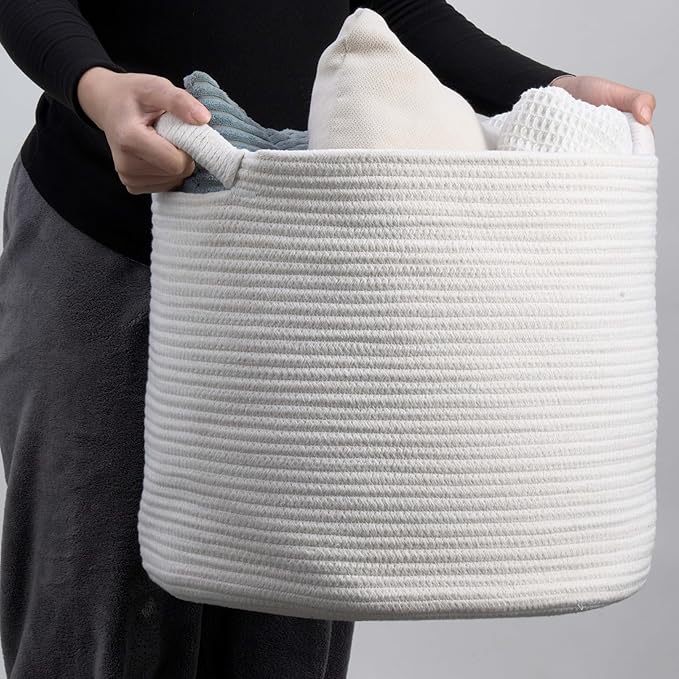 Blanket Basket - Woven Round Rope Storage Basket (16"Wx14"H) for Blankets & Throws, Small Laundry & Toy Organizer, Decorative Living Room & Bedroom Cotton Basket - White
