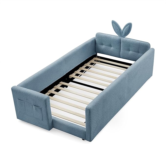 Twin Bed with Rails, Montessori Bed Frame for Toddlers, Boucle Upholstered Platform Bed with Rabbit Ear Headboard, for Kids & Teens, Blue