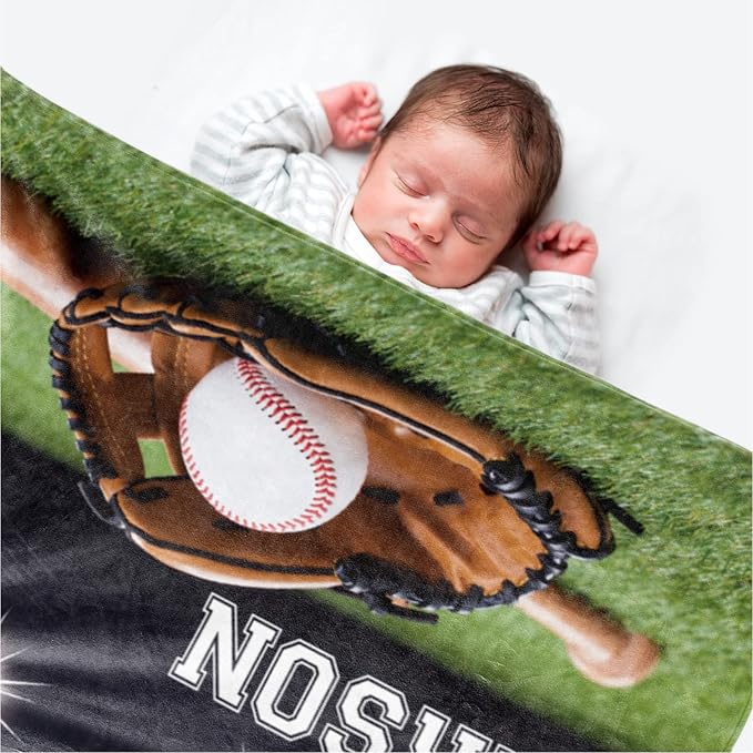 Baby Boys Personalized Baseball Blanket - Custom Name and Number - Soft Warm and Fluffy Flannel Fabric Gift for Sports Lovers 50x60inch
