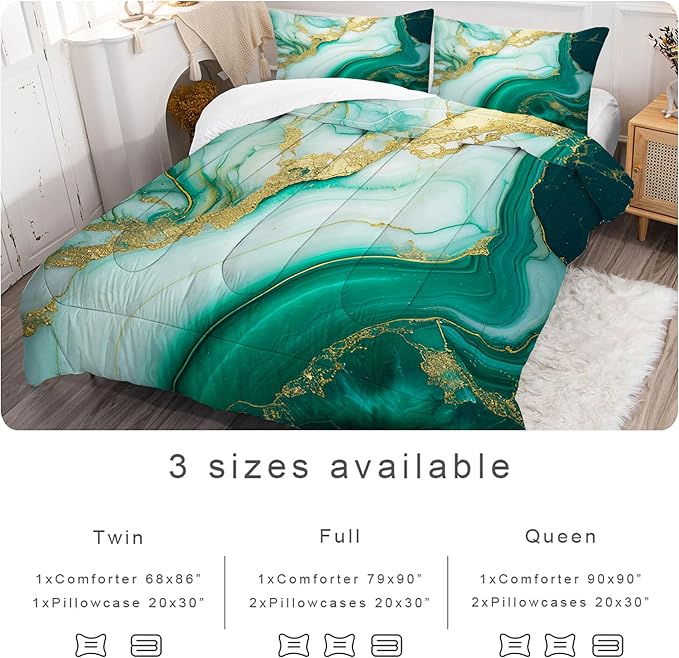 Comforter Set Green Marble: Twin Size Emerald Green Gold Bedding Set for Teen Girls Kids Adults Abstract Turquoise Watercolor Marbling Quilt Bed Sets 1 Comforter & 1 Pillowcase