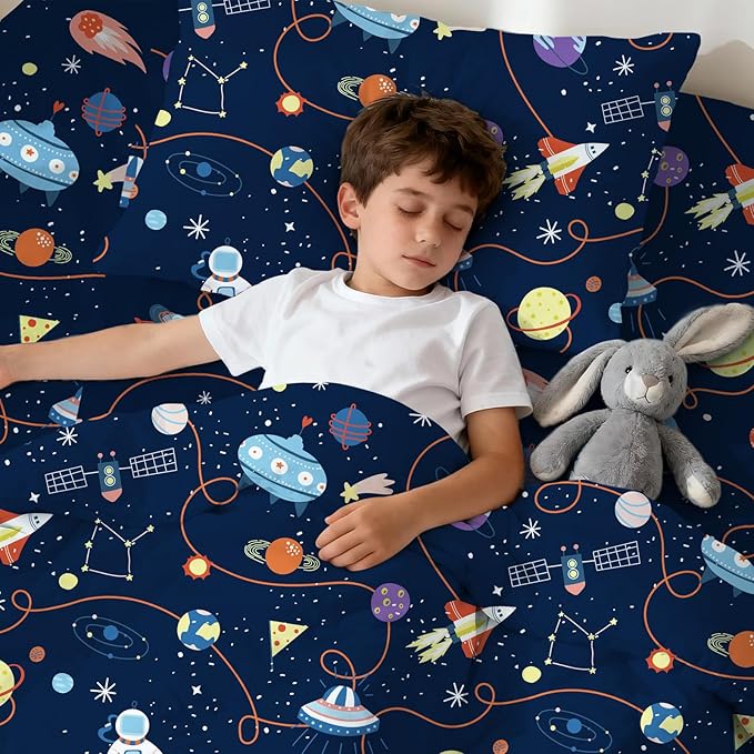 LONAVA Twin Kids Comforter Set - 4 Pieces Twin Bedding Sets for Boys Girls Children, Ultra Soft Microfiber Bed in A Bag with Flat Fitted Sheets, Space
