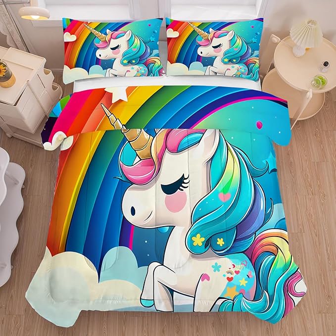 Rainbow Unicorn Comforter Set Queen Size for Girls Kids Children Teens Boys Cartoon Unicorn Bedding Light Blue Quilt 1 Comforter + 2 Pillowcases