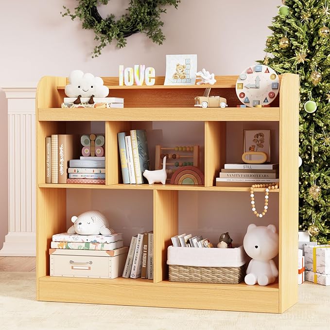 Lkeiyay Open Shelf Kids Bookcase，Montessori Toy Organizer with LED Lights - Oak Wooden Open Bookcase for Kids, Bedroom, Back to School，Playrooms & Nurseries