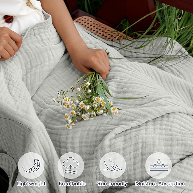PHF Cooling Muslin Blanket King Size 104"x80", 6-Layer Lightweight Gauze Blanket Made from 35% Rayon Derived from Bamboo & 65% Cotton, Breathable & Ultra Soft Cozy, Aesthetic Home Decor, Harbor Mist