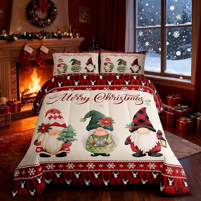 Merry Christmas Kids Comforter Set Full Size,Deer Antler Santa Claus Bedding,Girls Boys Adults Bedroom/Xmas Cabin Decor,Snowflake Pine Trees Plaid Down Comforter,Rustic Duvet Insert,2 Pillowcases