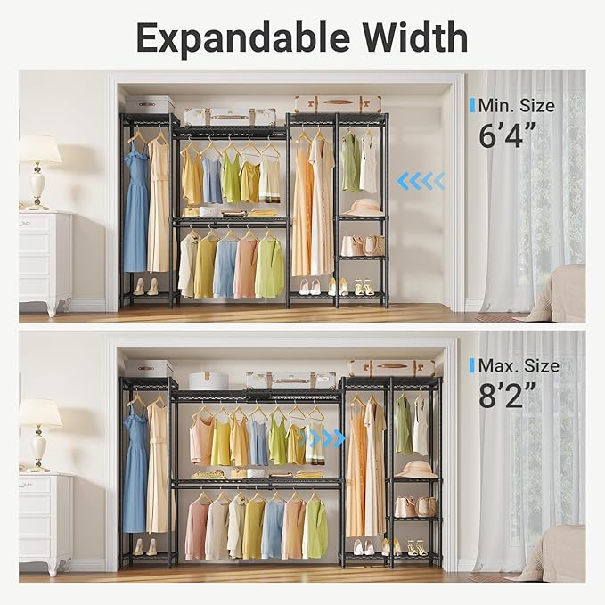 VIPEK X40 Expandable Large Reach-in Closet Rack Adjustable from 6'4" to 8'2'' with Extendable Shelves and Hanger Rods, Walk-in Clothes Rack Mental Freestanding Clothing Racks, Max Load 1240LBS, Black