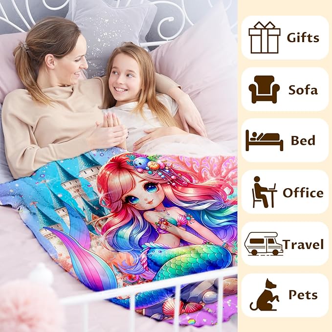 Girls Mermaid Blanket, Throw for Toddlers Kids Mermaid Lovers 30x40 Inches Lightweight Soft Cute Throw Blankets for Sofa Couch Bed Trip