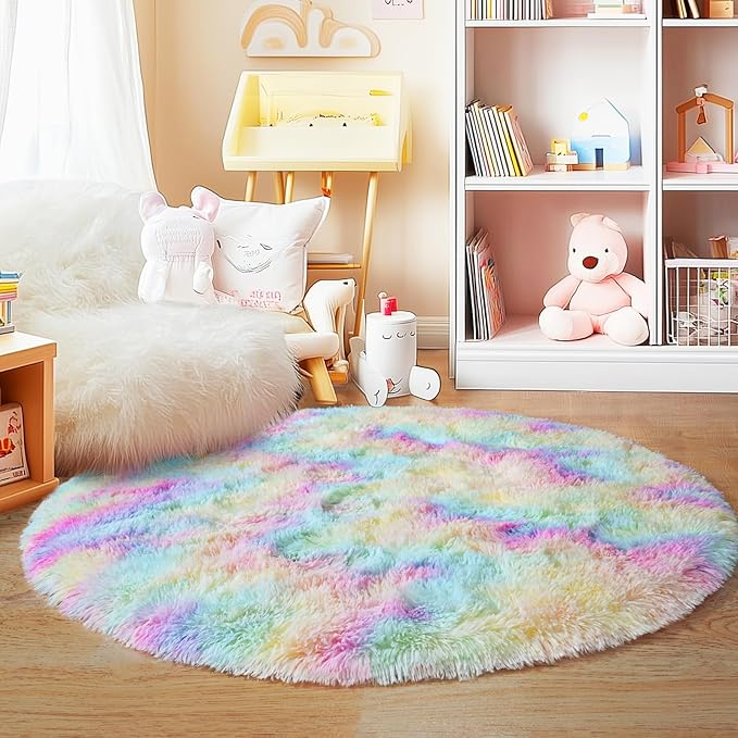 4'x4' Rainbow Round Rugs for Girls Bedroom, Ultra Soft Fluffy Circle Rug for Kids Room, Cute Shag Rugs for Living Room Playroom Tent Castle Home Decor Rug