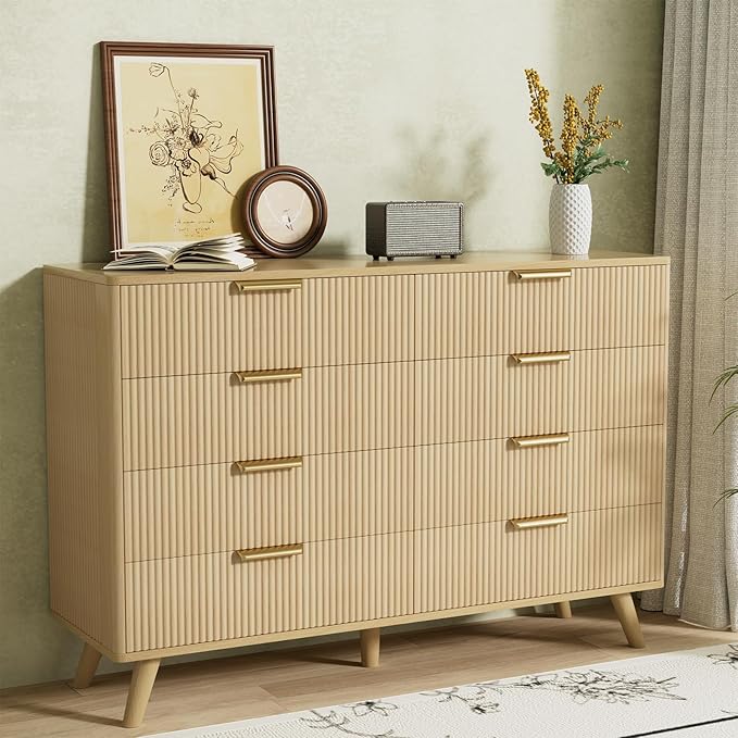 Boho Fluted 8 Drawer Dresser for Bedroom, Chest of Drawers with Solid Wood Legs, Modern Dresser Chest Cabinet Organizer with Golden Handles, Beside Table for Closet, Hallway, Bedroom
