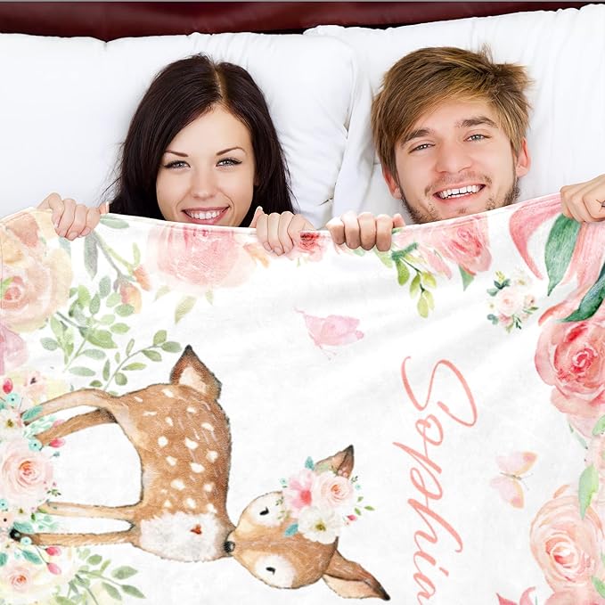 Personalized Deer Baby Blanket for Girl, Custom Name Blanket for Newborn Girl, Soft Flannel Toddler Blanket Customized Gift for Birthday Christmas Baby Shower 60" X 80"