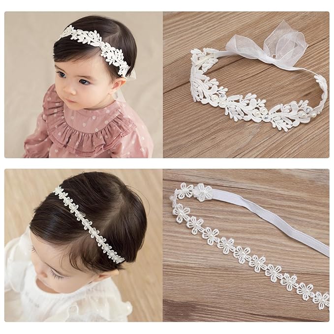 Elegant White Flower Christening Headbands for Baby Girl, Elastic Soft Lace with Cute Tulle Pearl Hair Strap, Stretchy Baptism Halo for Pure Newborns Infants Toddlers (Over 6 Months) (2 Pack 18-20in)
