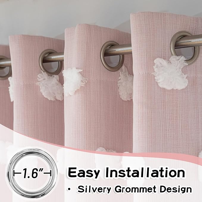 MYSKY HOME Light Blocking Pink Curtains White Sheer Pom Pom Kids Room Decor Drapes for Living Room 95 Inches Long Double Layer Curtains for Sliding Door Grommet Window Panels Set of 2 52" x 95"