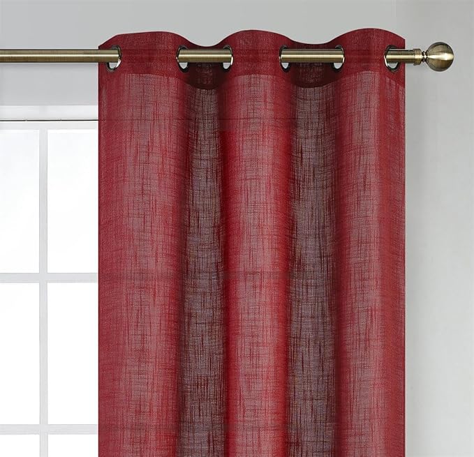 MIUCO Semi Sheer Curtains Poly Linen Textured Solid Grommet Curtains 84 Inches Long for Bedroom 2 Panels (2 x 37 Wide x 84" Long) Burgundy
