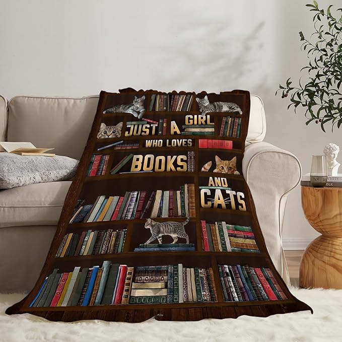 Cute Cat Blanket Just a Girl Who Loves Books and Cats Throw Blankets for Kids Teens Adults Warm Soft Lightweight Plush Funny Animal Print Fleece Flannel Throws Bedding Reading Gifts for Girls 60"x50"