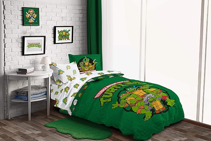 Jay Franco Nickelodeon Teenage Mutant Ninja Turtles Green Bricks 5 Piece Twin Bed Set - Includes Reversible Comforter & Sheet Set Bedding - Super Soft Fade Resistant Microfiber