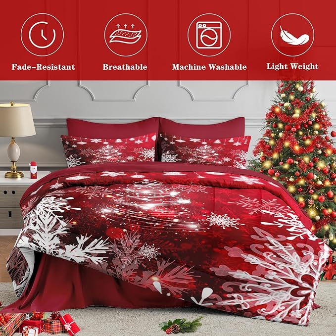 7 Pcs King Size Christmas Comforter Set with 2 Pillowcases & 2 Shams, Red Glitter Xmas Tree Bedding for Kids and Adults, White Elegant Snowflake Bed in a Bag with Flat Fitted Sheet