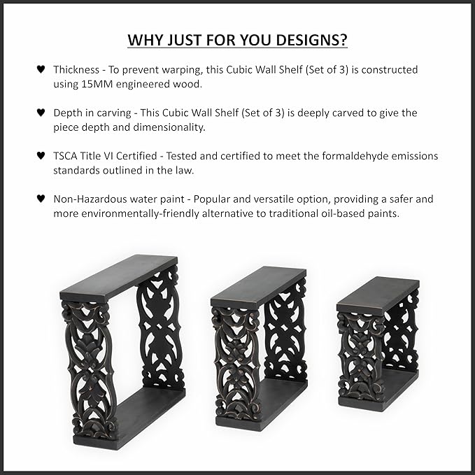 JFY Designs Marina Carved Floating Wall Shelves for Bedroom, Living Room, Bathroom & Kitchen | Wall Mount Display Wall Shelf | Cube Storage – Wood Set of 3 14"x14", 12"x12", 10"x10" | Black