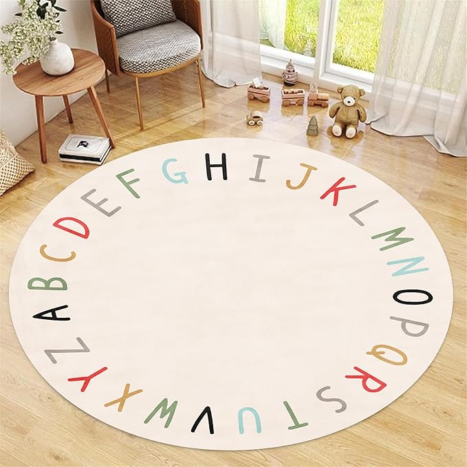 Children's Round Play Rug,6ft,ABC Letter Educational Rug, Soft and Fluffy Imitation Cashmere Rug, Non-Slip Washable Floor Mat for Children's Room, Suitable for Nursery, Classroom, Playroom