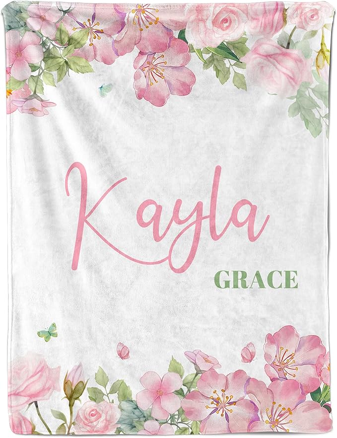 Ship Next Day, Personalized Baby Blankets for Girls, Custom Kids Blanket with Name Flowers, Receiving Blankets for Newborn Girl Gifts Swaddle, Customized Baby Shower Birthday