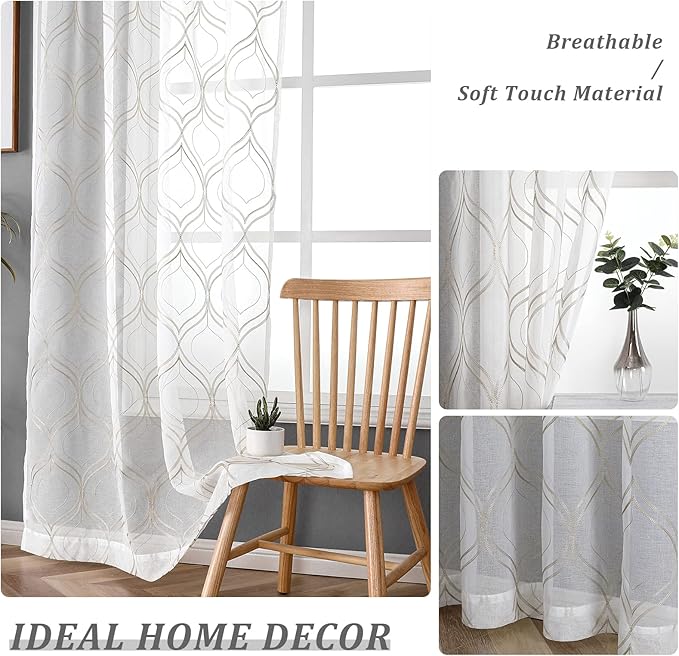 VISIONTEX White Sheer Curtains 84 Inches Long 2 Panels Set Brown Moroccan Embroidered Curtains Trellis French Textured Rod Pocket Voile Tulle Semi Window Drapes for Bedroom Living Room 54 x 84 Inches