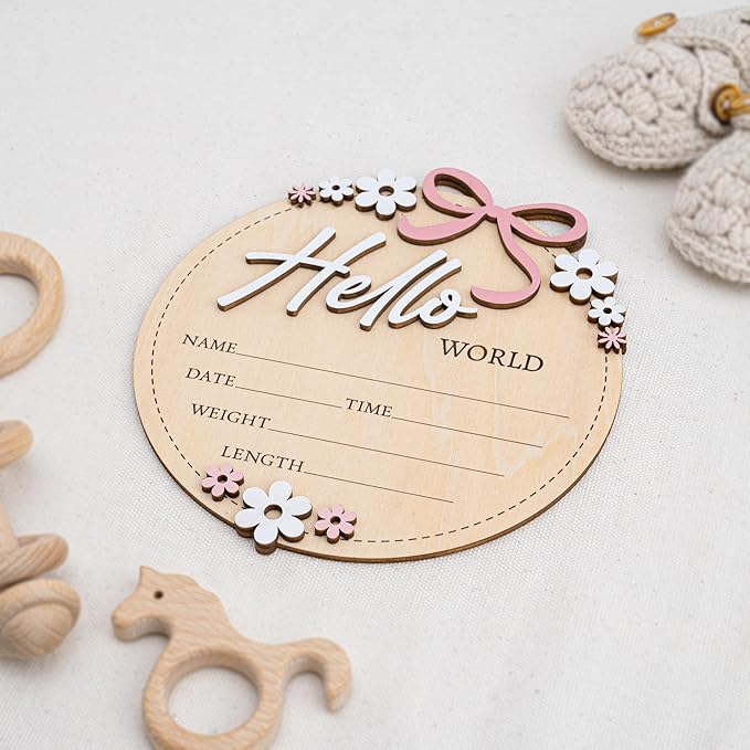 Wooden Baby Announcement Sign 6 Inch Round Birth Stat Plaque with Floral and Bow Design (Hello World)