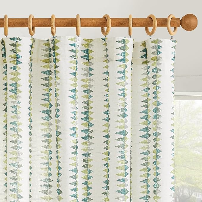 jinchan Linen Nursery Curtains for Living Room Boho Curtains for Bedroom Kids Room 96 Inches Long Geometric Printed Farmhouse Drapes Rod Pocket Window Treatment Curtain Set of 2 Panels Green