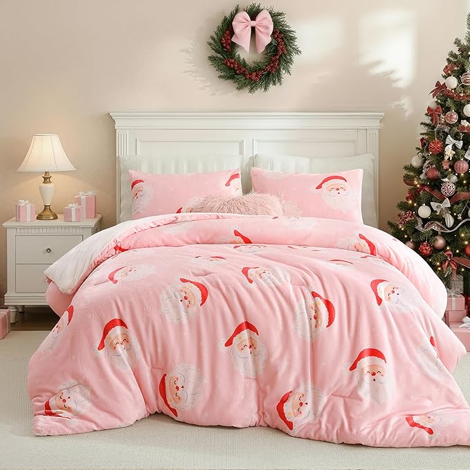 JANZAA Christmas Queen Comforter Set, Pink Flannel Comforter with Santa Pattern, Soft Cozy Lightweight Bedding Set Fluffy Comforter Set 1 Queen Comforter(90"*90") and 2 Pillowcases (20"*26")