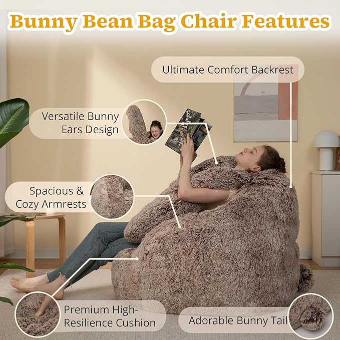 Bean Bag Chair for Adults Kids Giant Fluffy Plush Bean Bag Sofa with Filler Faux Fur Rabbit Shaped Beanbag Chairs Comfy Accent Floor Couch for Gaming, Reading in Bedroom, Living Room, Dorm