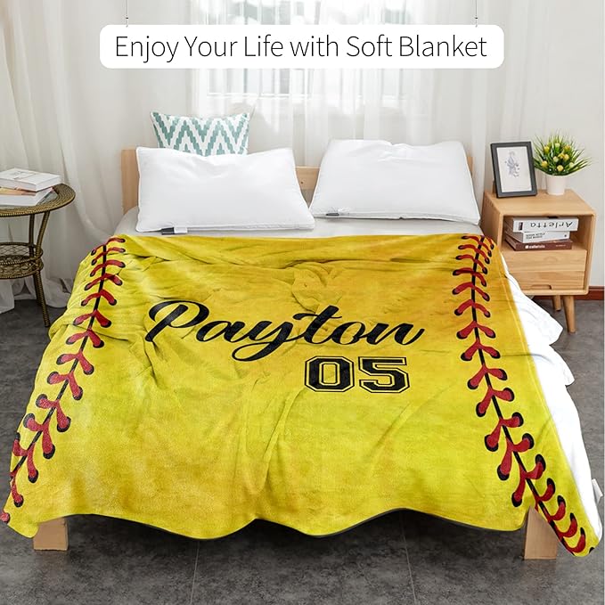 Personalized Softball Kids Blanket with Naumber and Name - Custom Sport Bed Blankets Gift for 0-3 Months Baby Essential - Super Warm and Comfortable 30x40inch