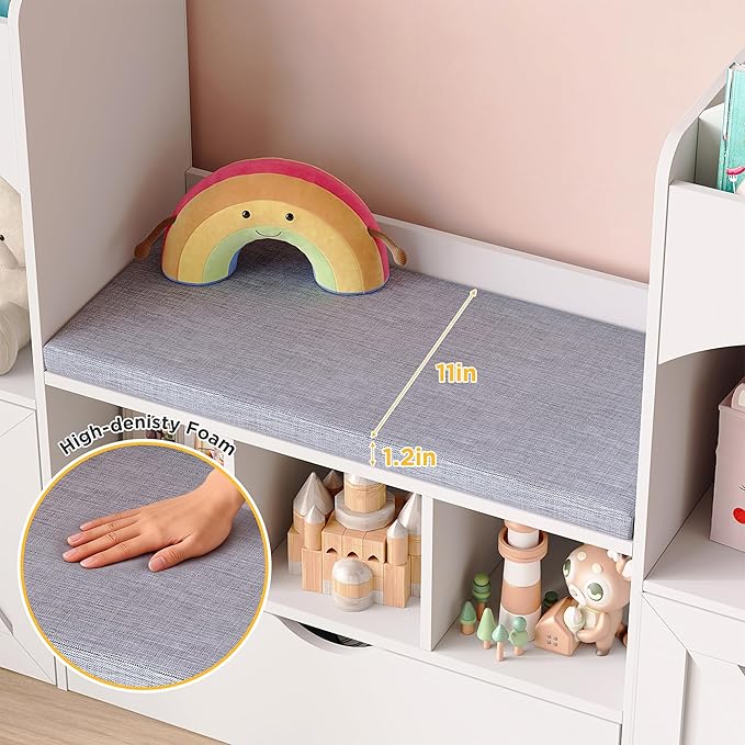 Vabches 54.3’’ Kids Bookshelf with Reading Nook, Toy Storage Organizer with Seat Cushion, LED Lights and 3 Movable Drawers, Castle-Shaped Bookcase with Bench for Playroom, Nursery, Bedroom (White)