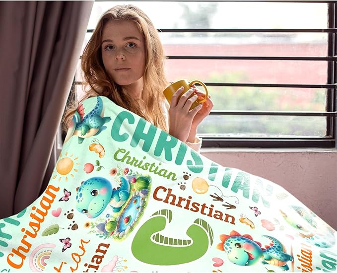 Personalized Custom Green Dinosaur Blanket Gifts for Kids Boys Girls with Name - Customized Green Dinosaur Super Soft Lightweight Flannel Sheets Decor for Crib Nap Couch - 60"x80" for Adult