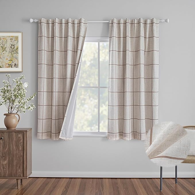MYSKY HOME 100% Blackout Brown Plaid Linen Curtains 72 Inches Length Double Layer Farmhouse Thermal Insulated Striped Print Drapes with Rod Pocket Back Tab for Bedroom Living Room, 2 Pcs, 52" Wide