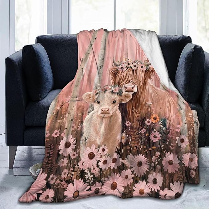 Highland Cow Blanket Pink Forest Cattle Daisy Decor Throw Blanket Super Soft Flannel Lightweight Fluffy Plush Fuzzy Fleece Blanket Gifts for Girl Woman Boys Kids Adults Man for Bed Sofa 50"X60"