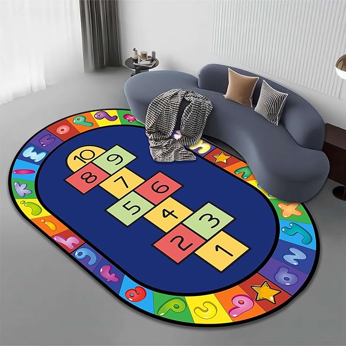 Hopscotch Rug, 4x5ft, Kids Play Oval Rug for Boys & Girls, Colorful Alphabets Educational Game Carpet, Soft Non-Slip Machine Washable Rug for Classroom Toddler Room