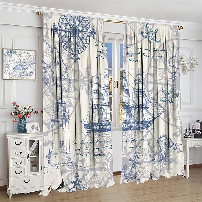 Nautical Sailboat Map Curtain,Ship Compass Lighthouse Anchor Decorative Curtain Polyester Fabric Waterproof Bedroom Curtain Set 2 Panels,63x72 Inches