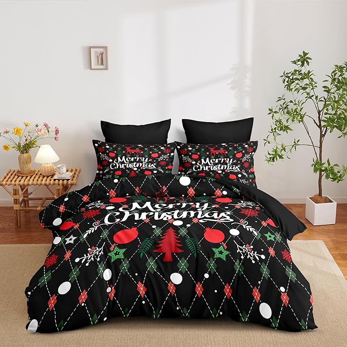 Christmas Duvet Cover Queen Size Black Christmas Tree Bedding Set 3 Pcs Kids Boys Girls Happy Holiday Xmas Comforter Cover with Zipper Closure