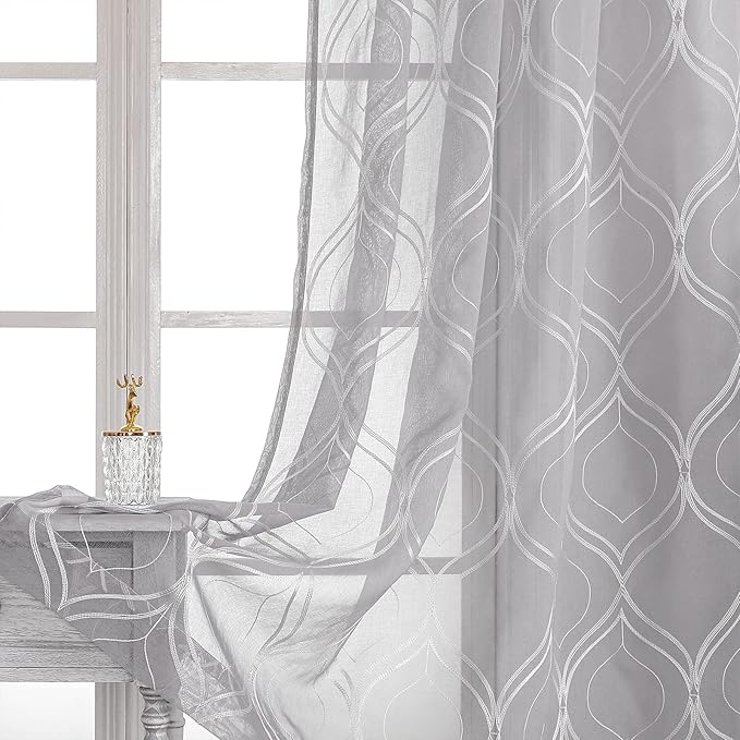 VISIONTEX Sheer Curtains 84 Inches Long 2 Panels Set Light Grey Moroccan Embroidered Curtains Trellis French Textured Rod Pocket Voile Tulle Semi Window Drapes for Bedroom Living Room 54 x 84 Inches