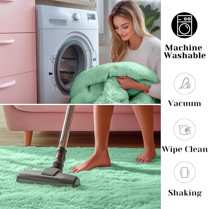 ONASAR Sage Green 3x5 Rugs for Bedroom, Fluffy Bedside Area Rug, Washable Soft Plush Shaggy Small Floor Throw Carpets for Living Room Preppy Dorm Teen Kids Girls Boy Baby Nursery Home Decor Aesthetic