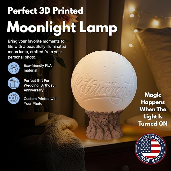 Personalized Retirement Moon Lamp with Custom Photo & Text | 3D Printed LED Night Light | Police, Military, Veteran, Teacher, Nurse Retirement Gift | Custom Farewell Keepsake for Men & Women