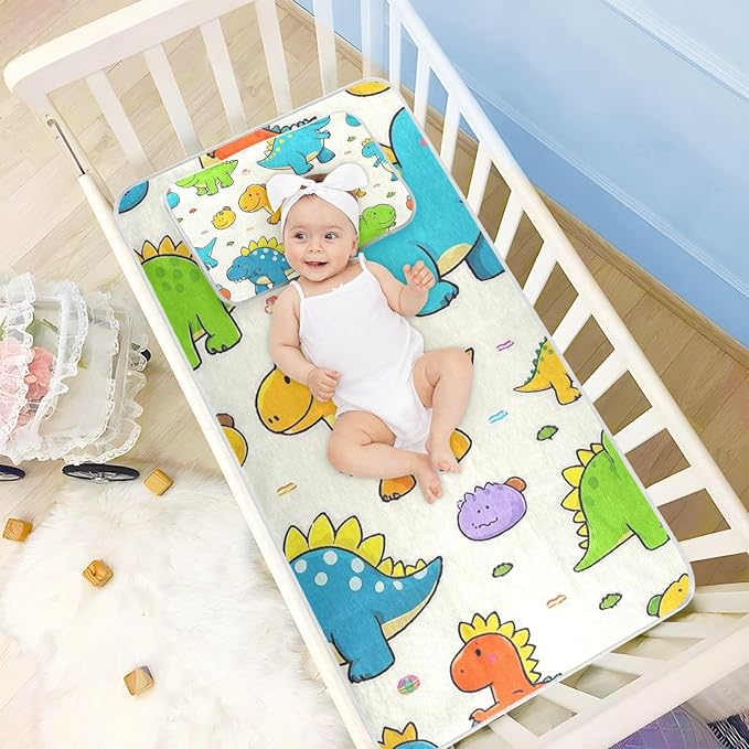 Beige Cute Dinosaur Cooling Baby Mattress Cover 28" x 52" Reusable Crib Bumper Pads for Baby&Toddler