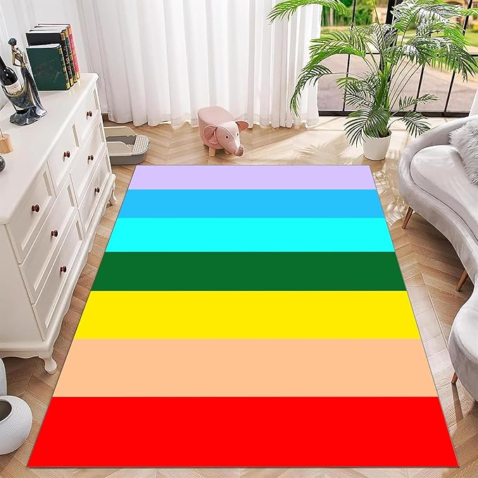 Soft Rainbow Area Rugs Girl's Bedroom Fluffy Colorful Rugs Furry Kids Play Mats Simple Rainbow Line Print Living Room Kids Room Nursery Home Decor 3x4ft