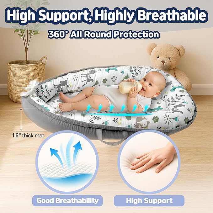 Baby Lounger for Newborn 0–24 Months, Baby Pillow & Baby Nest Lounger, Organic Cotton Breathable Infant Pillow, Portable Baby Nest for Home & Travel (Light Grey)
