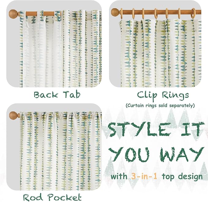 jinchan Linen Nursery Curtains for Living Room Boho Curtains for Bedroom Kids Room 84 Inches Long Geometric Printed Farmhouse Drapes Rod Pocket Window Treatment Curtain Set of 2 Panels Green