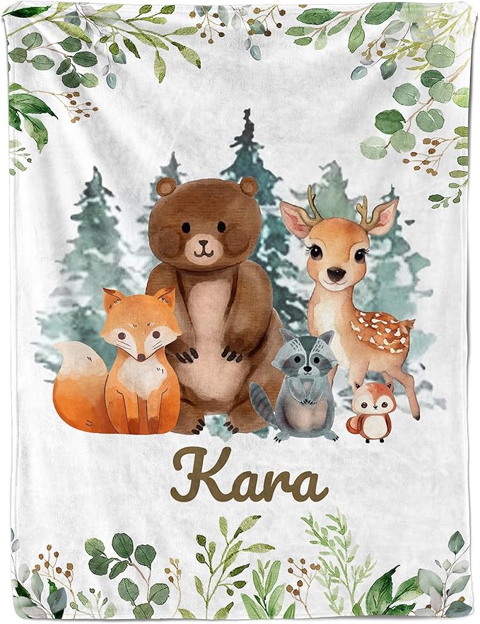 Ship Next Day, Personalized Receiving Baby Blankets for Boys, Custom Woodland Baby Boy Gifts Blanket with Name, Newborn Swaddle Toddler Blanket, Customized Blankets for Kids Christmas Birthday Gifts