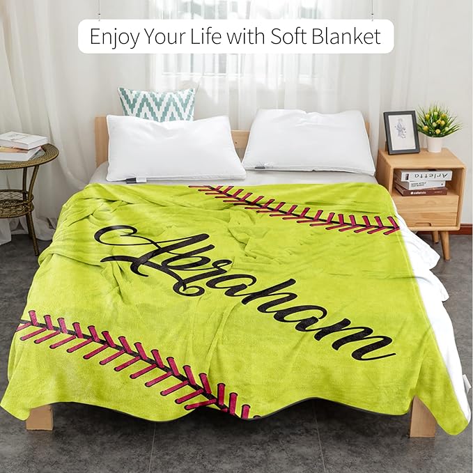 Personalized Softball Kids Blanket with Naumber and Name - Custom Sport Bed Blankets Gift for 0-3 Months Baby Essential and Warm 30x40inch