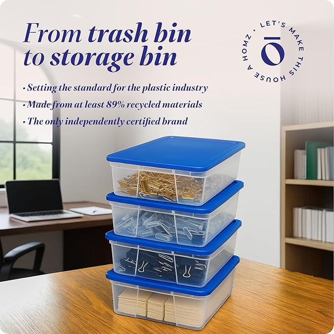 HOMZ 4-Pack Snaplock, Small Clear Plastic Storage Organizer Bins w/Lids, 28 Quart, Blue - Stackable Container Boxes for Bedroom, Bathroom, Garage, and Office Organization