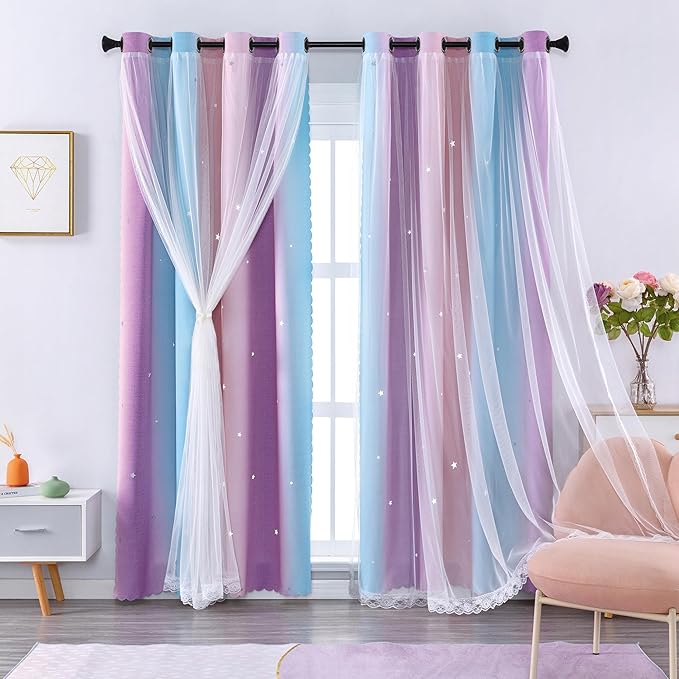 XiDi Girls Blackout Curtains 96 Inches Long for Bedroom, Room Darkening Grommet Window Ombre Curtains 2 Panel Sets, Kids Unicorn Princess Theme Decor Colorful Rainbow Design Pink/Purple/Blue 52x96