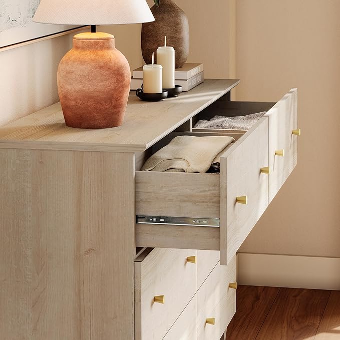 WAMPAT Dresser with 6 Drawers for Bedroom, Wooden Kids Dressers with Wide Chest of Drawers, Modern Closet Storage Organizer with Solid Wood Legs for Living Room, Hallway, Nursery, Light Oak